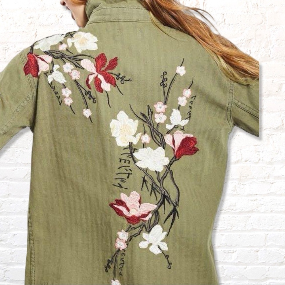 Top shop Olive Green Herringbone Military Jacket with Floral Embroidery size 2 - Picture 3 of 11